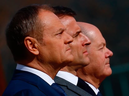 From left, Polish Prime Minister Donald Tusk; the president of France, Emmanuel Macron, and the chancellor of Germany, Olaf Scholz, in Berlin.