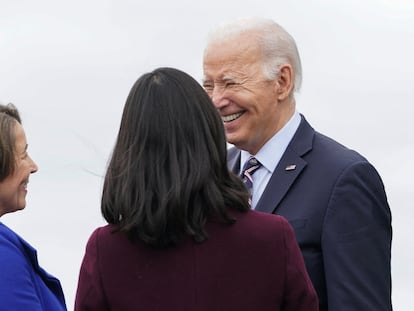 U.S. President Joe Biden is greeted by Massachusetts Governor Maura Healey and Boston Mayor Michelle Wu, upon his arrival in Boston, Massachusetts, December 5, 2023.