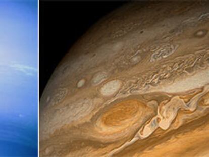 Los planetas Neptuno (izquierda), con su gran mancha oscura, y Júpiter, con la gran mancha roja, fotografiados por la misión Voyager.