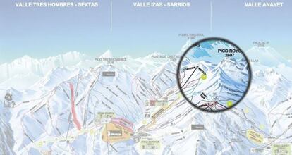 Fotografía que muestra en un mapa, la conexión entre la zona de Anayet con la de Sarrios, en la estación de esquí de Formigal (Huesca).