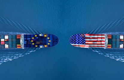 Las banderas de la UE y EE UU, en una ilustración sobre la guerra comercial.