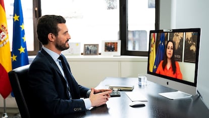 Pablo Casado mantiene una reunión telemática con Inés Arrimadas, el pasado viernes.