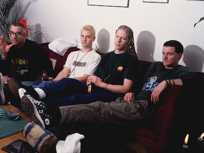From left to right, Kevin ‘Noodles’ Wasserman (guitar), Ron Welty (drums), Dexter Holland (vocals) and Greg Kriesel (bass), members of The Offspring, in London in 1995.