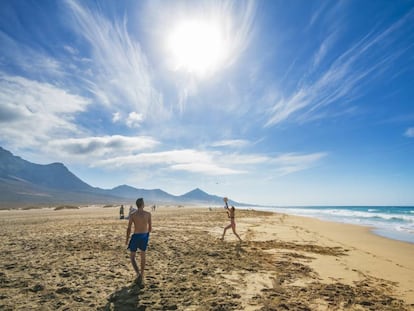 La playa del Cofete, un arenal de más de 12 kilómetros de largo, y, al fondo, el macizo montañoso de Jandía, al sur de Fuerteventura.
