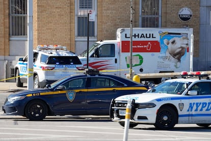 Police vehicles surround a truck that was stopped and the driver arrested, Monday, Feb. 13, 2023, in New York.