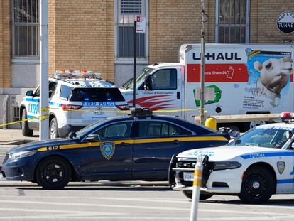 Police vehicles surround a truck that was stopped and the driver arrested, Monday, Feb. 13, 2023, in New York.