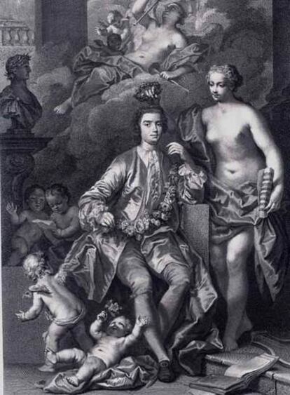 El soprano Farinelli, coronado por la musa Euterpe, en un grabado del libro &#39;La real biblioteca pública 1711-1760, de Felipe V a Fernando VI&#39;.