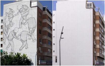 A la izquierda aparece el mural del artista italiano Blu edificio de la calle de Eugenio Caxes y, a la derecha, tal y como está el muro en la actualidad.