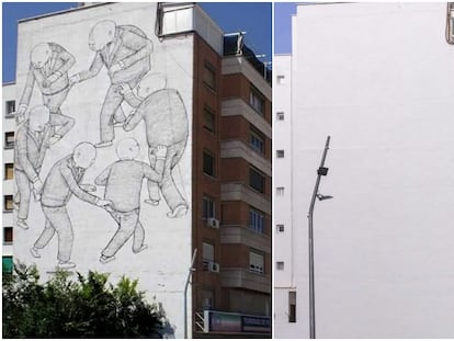 A la izquierda aparece el mural del artista italiano Blu edificio de la calle de Eugenio Caxes y, a la derecha, tal y como está el muro en la actualidad.