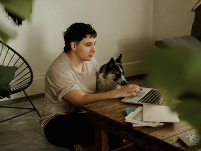 Un joven trabaja desde casa junto a su mascota.