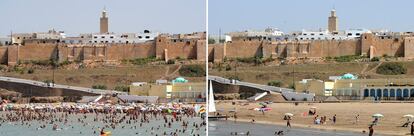 Dos imágenes de la misma playa de Rabat, el 11 de agosto, la víspera del inicio del Ramadán, y del 12, el primer día de ayuno.