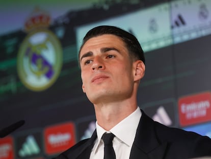 Kepa Arrizabalaga, durante su presentación con el Real Madrid.