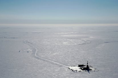 This 2019 aerial photo provided by ConocoPhillips shows an exploratory drilling camp at the proposed site of the Willow oil project on Alaska's North Slope.