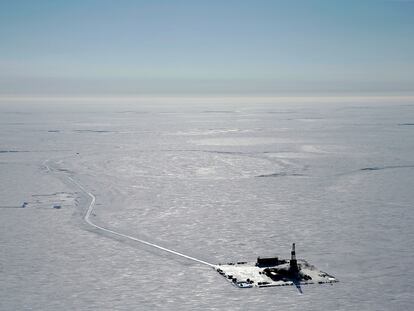 This 2019 aerial photo provided by ConocoPhillips shows an exploratory drilling camp at the proposed site of the Willow oil project on Alaska's North Slope.