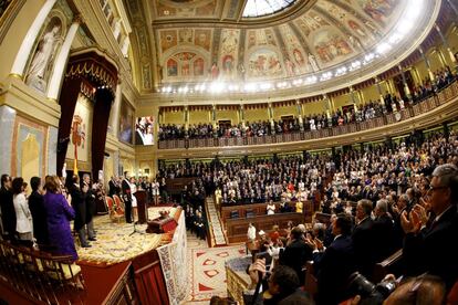 Ambiente en el Congreso de los Diputados durante el acto oficial de su proclamación de los reyes Felipe VI y Letizia, el 19 de junio de 2014.