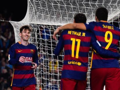Su&aacute;rez, Neymar y Messi, celebrando un tanto contra la Real Sociedad. 