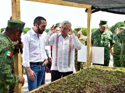 El presidente de México, Andrés Manuel López Obrador, y su homólogo salvadoreño, Nayib Bukele, en la presentación del programa Sembrando Vida en Chiapas, el año pasado.