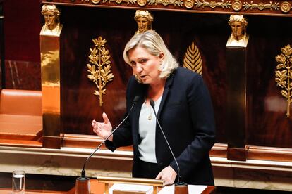 Marine Le Pen, líder del partido ultraderechista francés Reagrupamiento Nacional, el pasado 24 de octubre durante el debate de las mociones de censura.