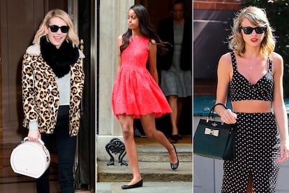 La influencia en las ‘celebs’: Emma Roberts, con bolso de la firma; Malia Obama, con vestido lencero de Kate Spade y Taylor Swift, con bolso de la casa.