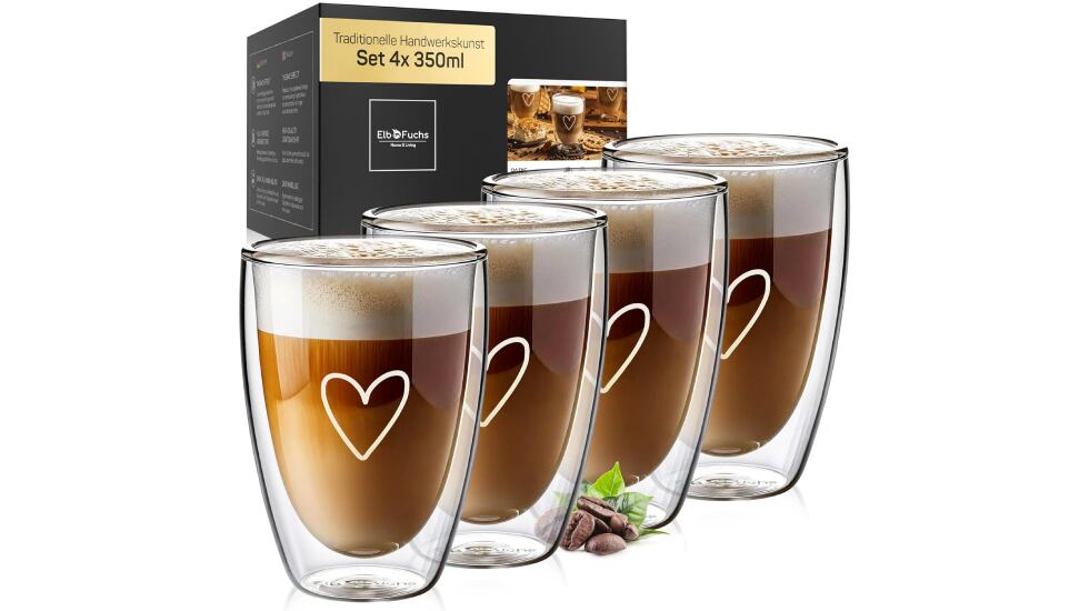 Lote de cuatro tazas de doble pared para el café o el té.