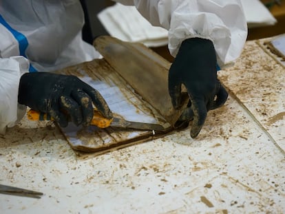 Una tcnico limpia con un cter un documento lleno de tierra en Feria Valencia.