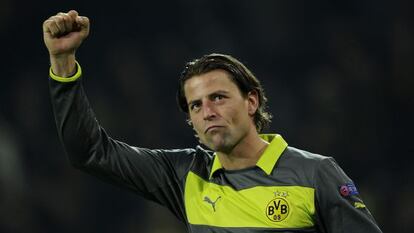Weidenfeller celebra un triunfo del Dortmund.