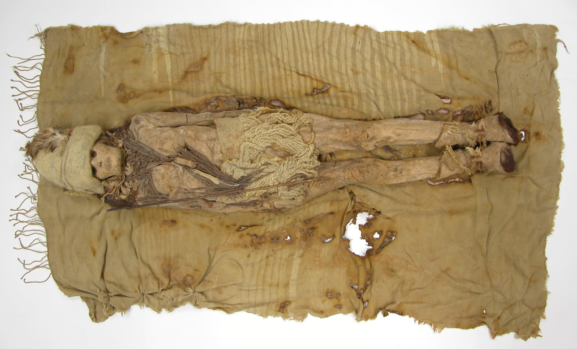 A mummy from Xiaohe cemetery, and dairy remains scattered around the mummy's neck. WENYING LI, XINJIANG ARCHAEOLOGICAL AND CULTURAL RELICS INSTITUTE