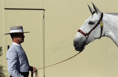 Un jinete andaluz espera con su caballo para competir en un concurso morfológico durante el Salón Internacional del Caballo de Pura Raza Española, en Sevilla.