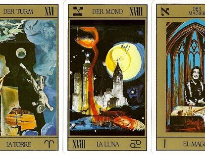 Tres de las cartas del tarot diseñadas por Dalí. En su baraja, él se presenta a sí mismo como el mago y a Gala, como la emperatriz. |