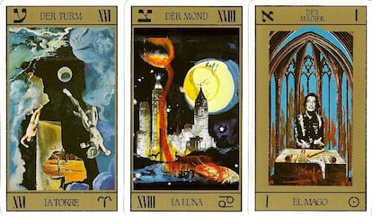 Tres de las cartas del tarot diseñadas por Dalí. En su baraja, él se presenta a sí mismo como el mago y a Gala, como la emperatriz. |