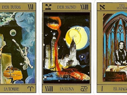 Tres de las cartas del tarot diseñadas por Dalí. En su baraja, él se presenta a sí mismo como el mago y a Gala, como la emperatriz. |