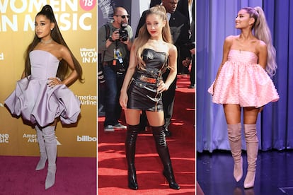 Ariana Grande. Si hay algo que compite con la coleta extralarga de la cantante como una de sus señas de identidad más reconocibles, probablemente sean las botas mosqueteras por encima de la rodilla. Las ha lucido hasta la saciedad y, casi siempre, conjuntadas con minivestidos.