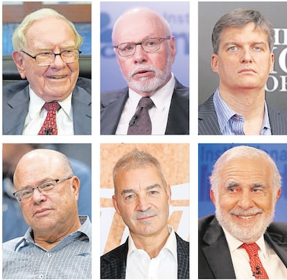 Los gestores de fondos Warren Buffett, Paul Singer, Michael Burry, David Tepper, Daniel Loeb y Carl Icahn.