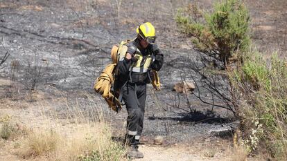 Un bomber treballa en l&#039;incendi del Pla de Santa Maria.