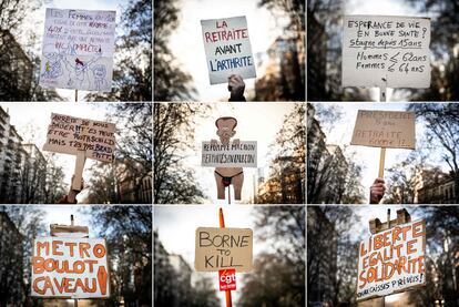 Un combo con varias imágenes de algunas pancartas que los manifestantes han portado en Toulouse durante el segundo día de protestas en toda Francia. 