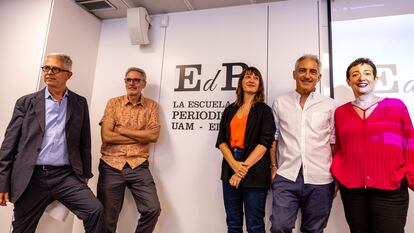 El directo de la Escuela de Periodismo, Javier Moreno, junto a los periodistas y exalumnos Mikel López Iturriaga, Mónica Ceberio, Jon Sistiaga y María Guerra.