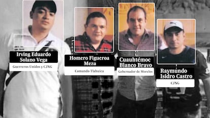 El gobernador de Morelos, Cuauhtémoc Blanco, con Irving Eduardo Solano, jefe de plaza del Cartel Jalisco Nueva Generación (CJNG) y Guerreros Unidos, Homero Figueroa, líder de Los Tlahuicas, y Raymundo Isidro Castro, líder asesinado del CJNG