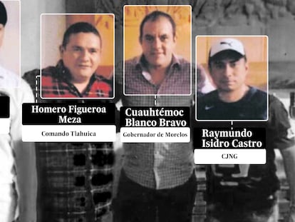 El gobernador de Morelos, Cuauhtémoc Blanco, con Irving Eduardo Solano, jefe de plaza del Cartel Jalisco Nueva Generación (CJNG) y Guerreros Unidos, Homero Figueroa, líder de Los Tlahuicas, y Raymundo Isidro Castro, líder asesinado del CJNG