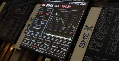 Panel informativo de la Bolsa de Madrid que muestra la evolución del principal indicador de la bolsa española, el IBEX 35.