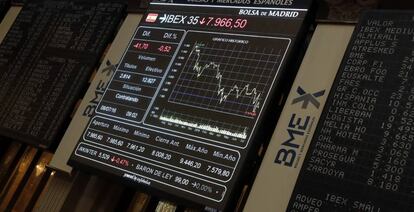 Panel informativo de la Bolsa de Madrid que muestra la evoluci&oacute;n del principal indicador de la bolsa espa&ntilde;ola, el IBEX 35. 