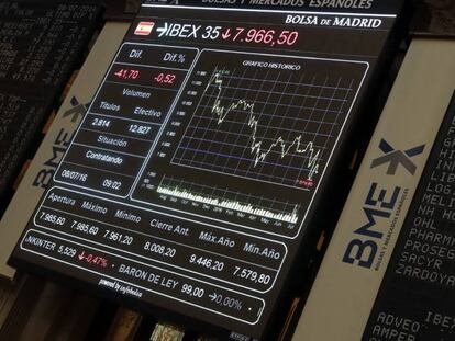 Panel informativo de la Bolsa de Madrid que muestra la evoluci&oacute;n del principal indicador de la bolsa espa&ntilde;ola, el IBEX 35. 