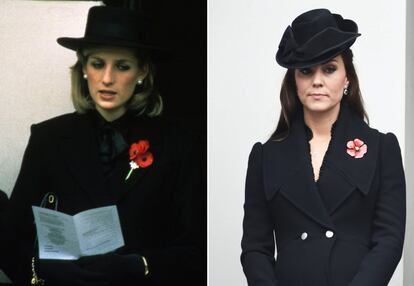 Un mismo evento y un mismo estilo. En la celebración anual Remembrance Sunday Service, Diana de Gales, en 1984, y Kate Middleton en 2014. 