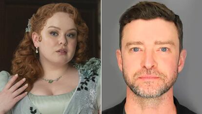 Nicola Coughlan en 'Los Bridgerton' y la foto de archivo policial de Justin Timberlake.