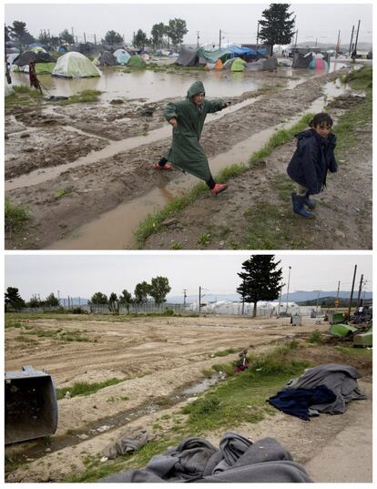 Migrantes en la parte inundada del campamento improvisado de Idomeni, el sábado 21 de mayo de 2016. El mismo lugar el 29 de mayo de 2016, después de ser evacuado.