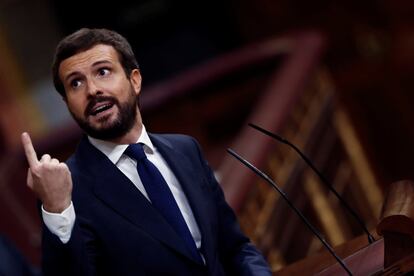 El líder del PP, Pablo Casado, durante su intervención.