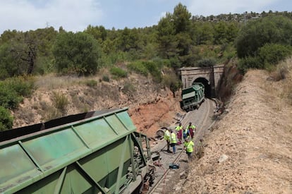 El tren de mercaderies descarrilat.