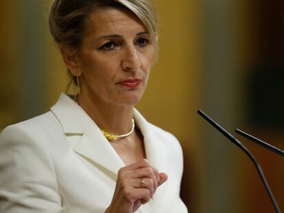 La vicepresidenta, Yolanda Díaz, durante su intervención en el debate de la moción de censura de Vox, este martes en el Congreso.