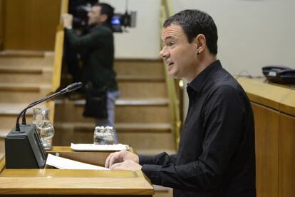 Hasier Arraiz, portavoz de EH Bildu en el Parlamento, interviene en un pleno de la Cámara.