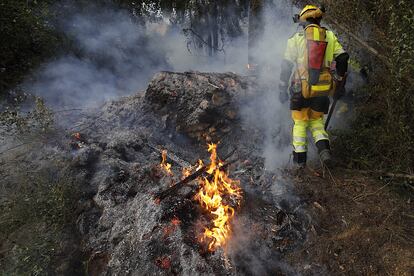 Un bombero pasa junto a las llamas del incendio forestal en Ador, este sábado.