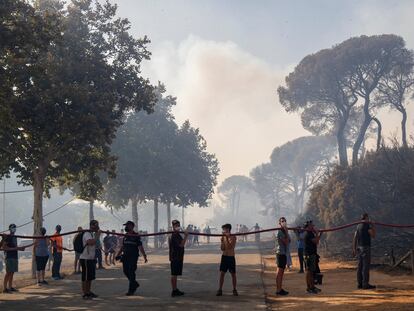 Vecinos y bomberos se afanan por apagar el incendio declarado esta tarde en el Paraje Natural de 'Las Canteras' en Puerto Real (Cádiz).